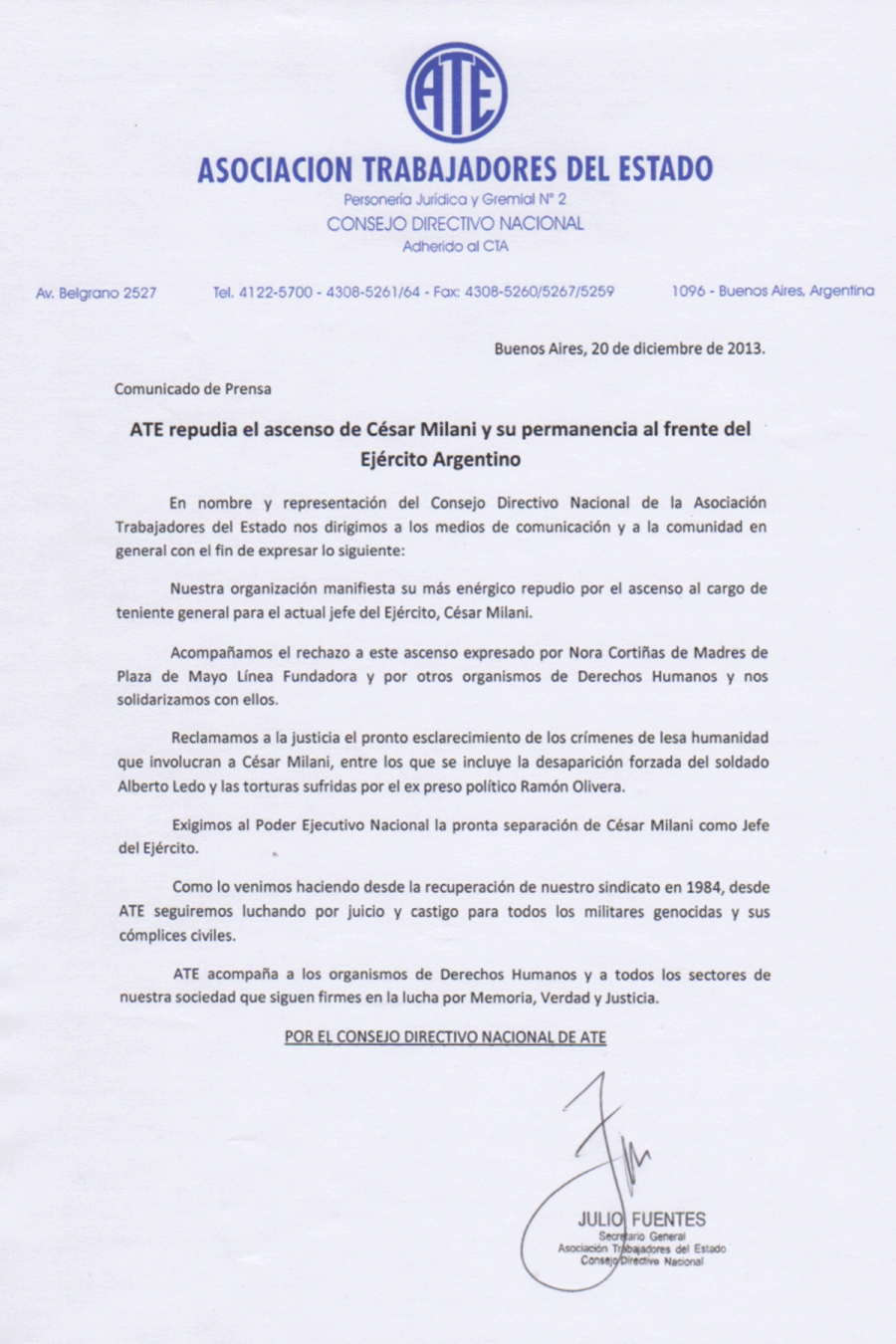 comunicado repudio a milani